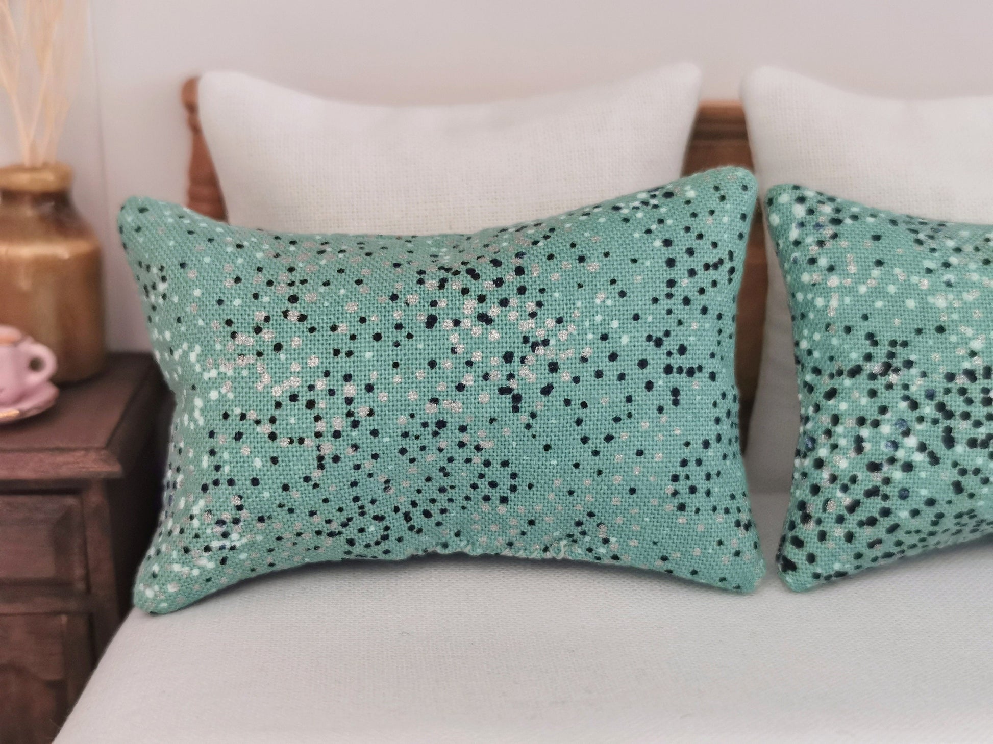 Green/Black/White/Silver Dot Print Pillows | Set of 2 | 1:12th Scale | Handmade - ZJ Miniatures 