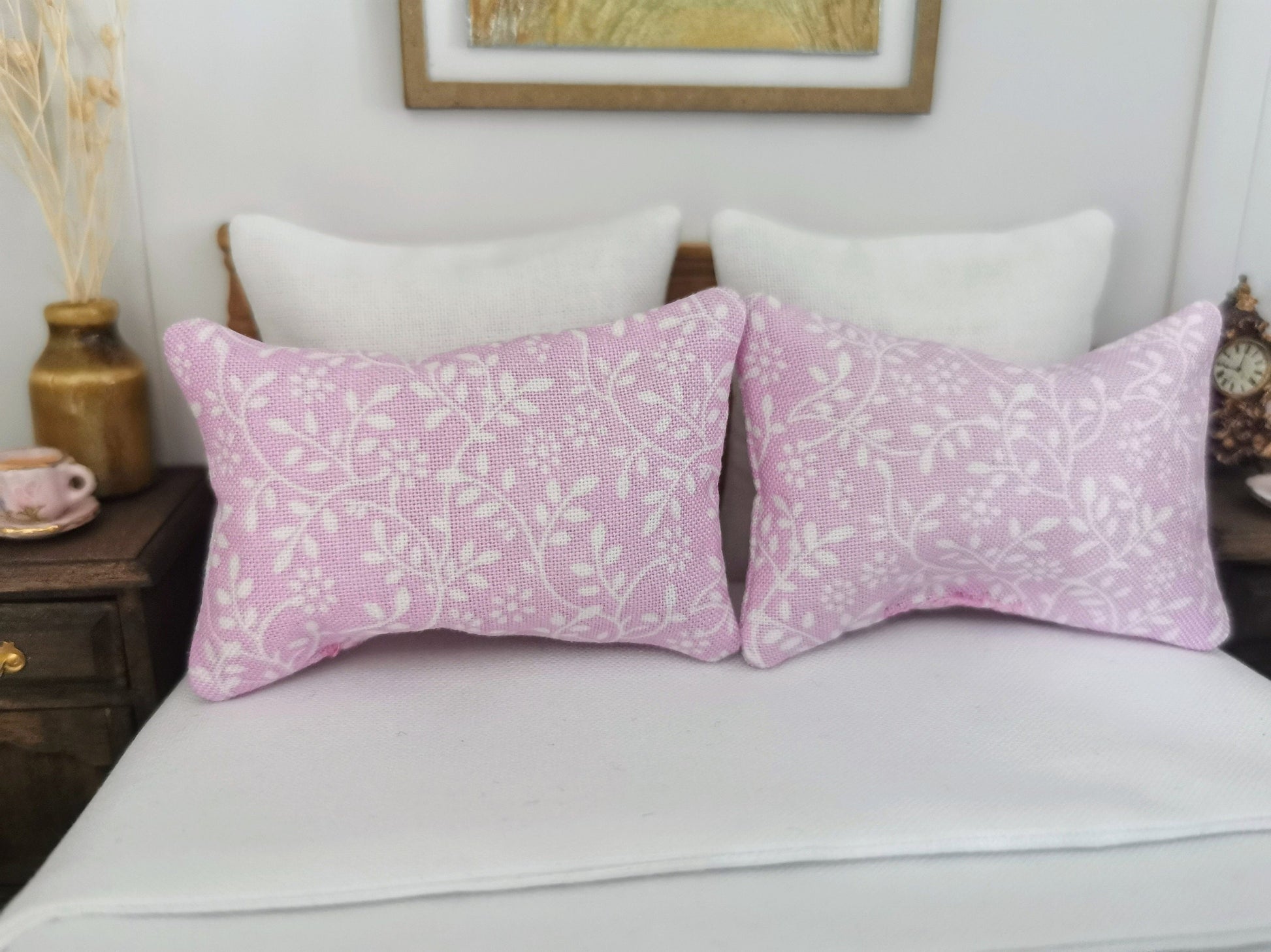 Mauve/White Vine Print Pillows | Set of 2 | 1:12th Scale | Handmade - ZJ Miniatures 