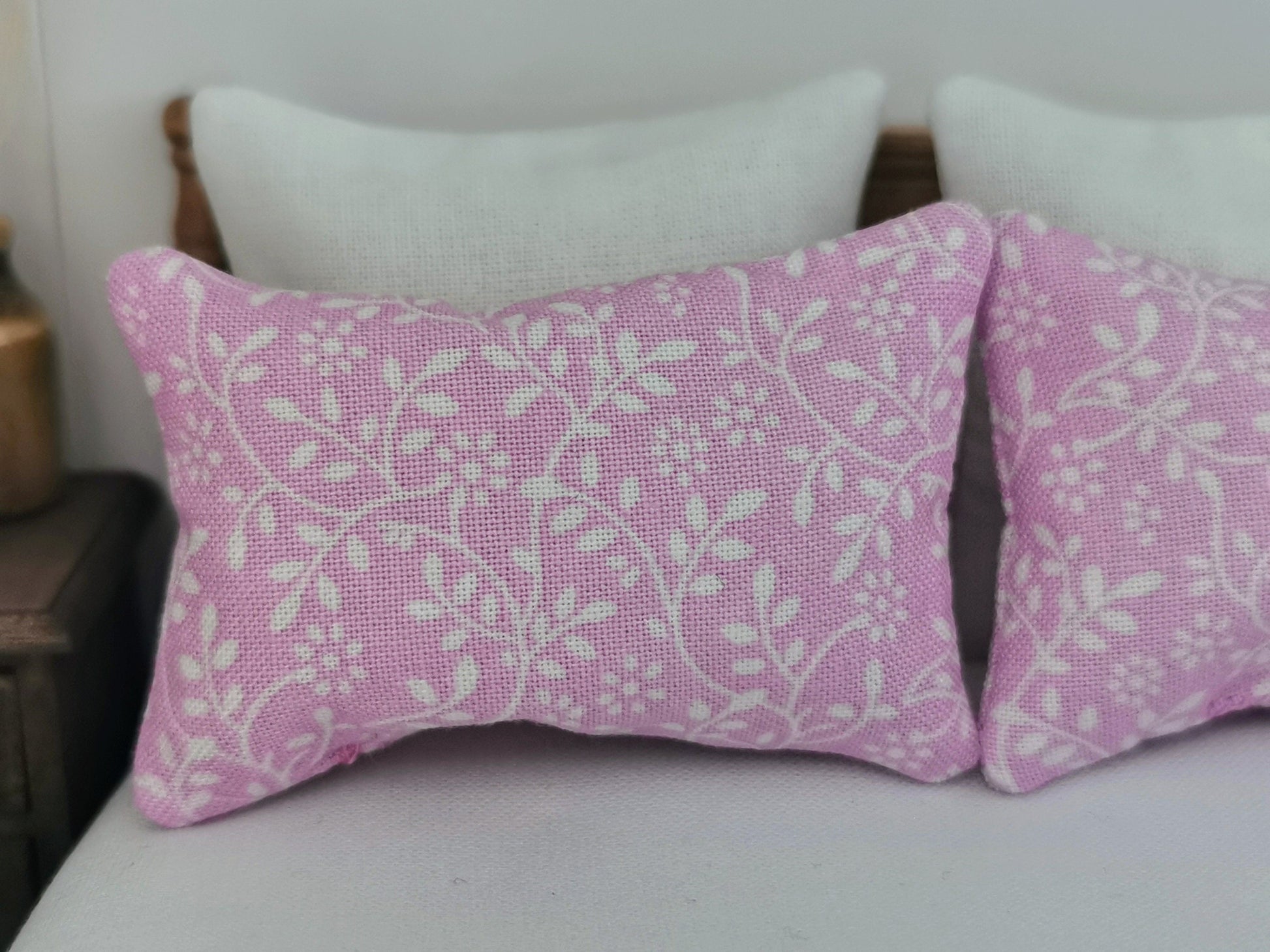 Mauve/White Vine Print Pillows | Set of 2 | 1:12th Scale | Handmade - ZJ Miniatures 