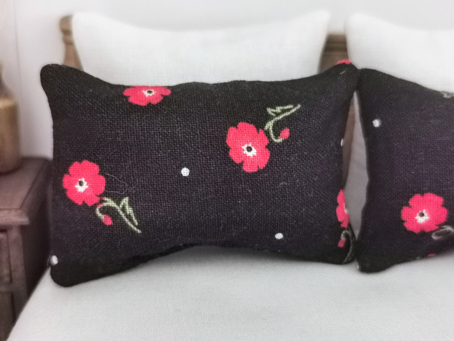 Black/Red Floral Print Pillows | Set of 2 | 1:12th Scale | Handmade - ZJ Miniatures 