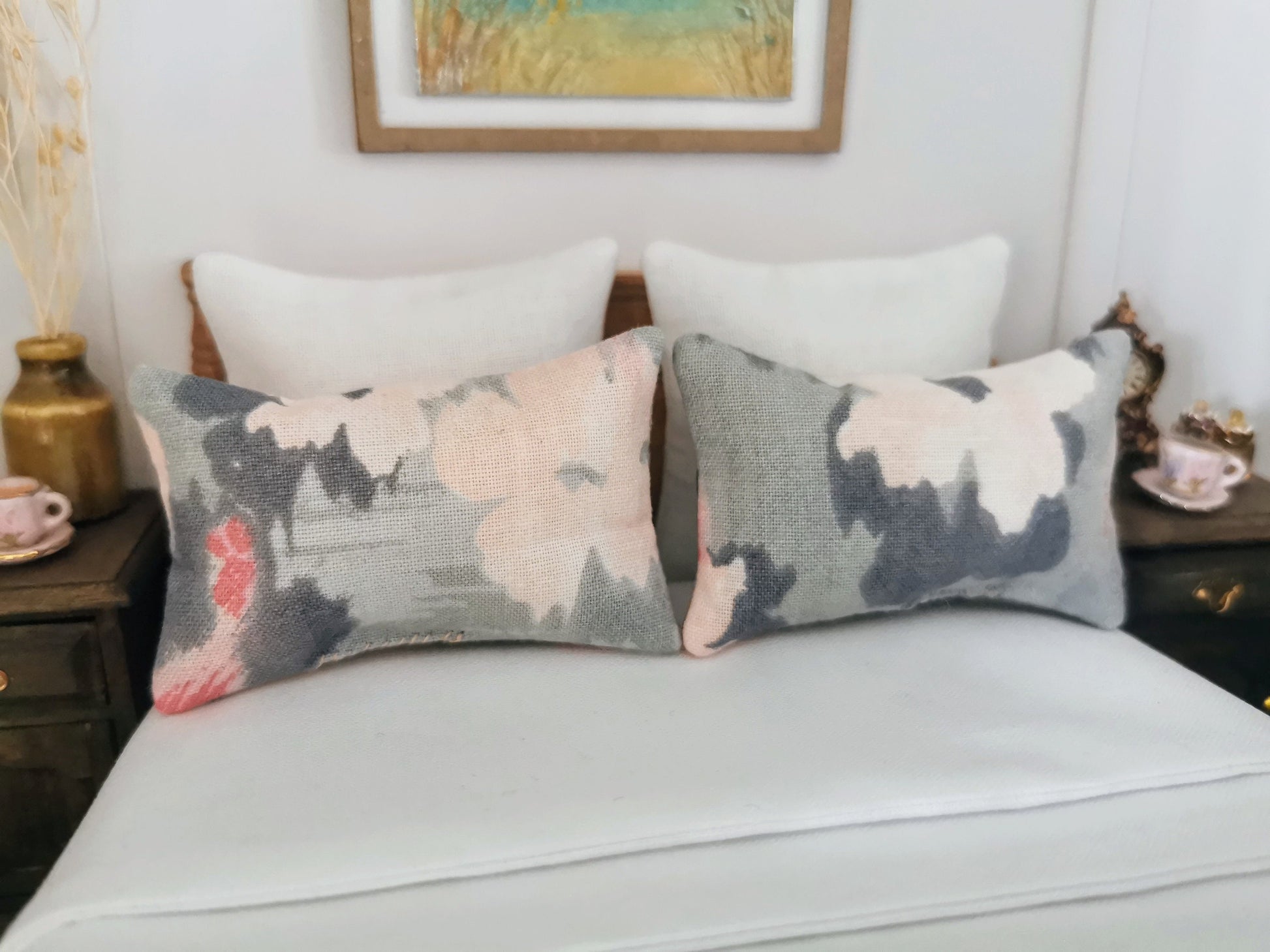 Grey/Light Pink Abstract Print Pillows | Set of 2 | 1:12th Scale | Handmade - ZJ Miniatures 