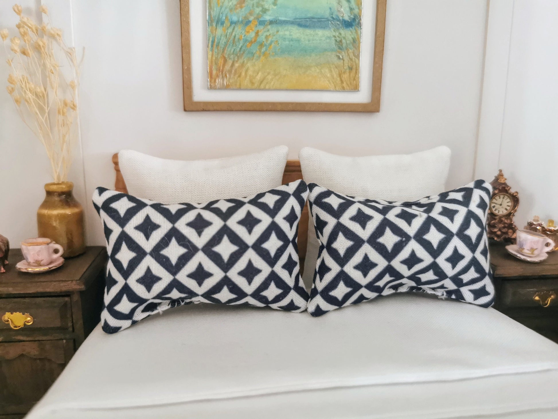 Navy/White Geo Print Pillows | Set of 2 | 1:12th Scale | Handmade - ZJ Miniatures 