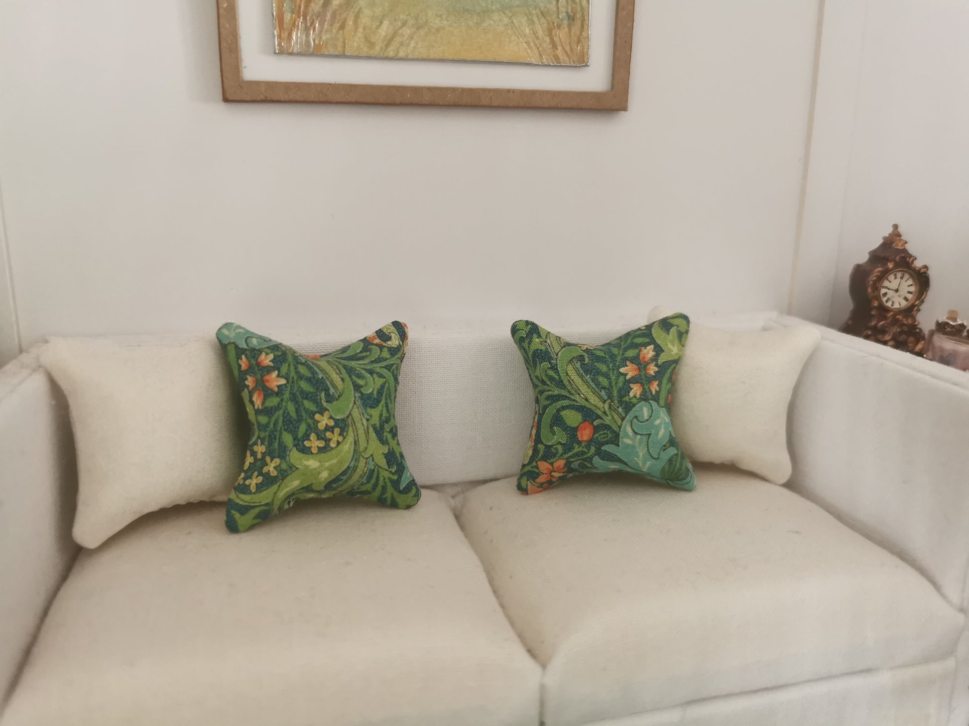 Green William Morris Floral Print Cushion | 1:12th Scale | Handmade - ZJ Miniatures 