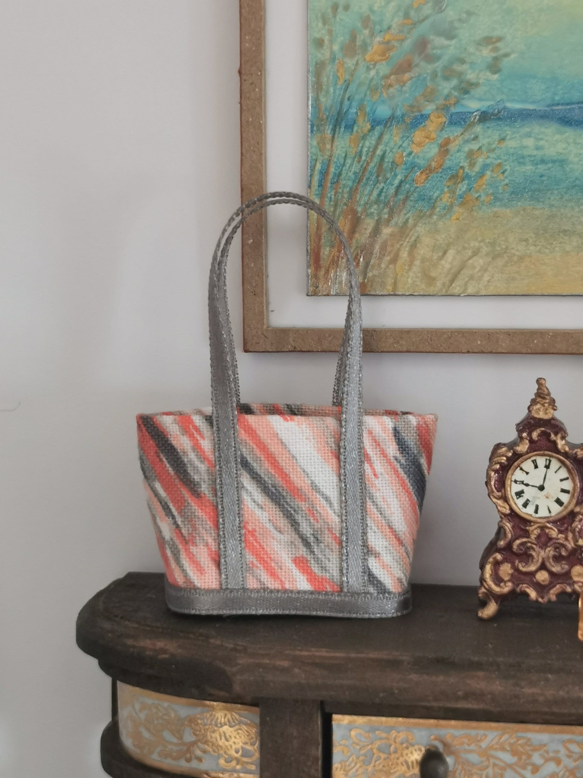 Coral/Grey Stripe Fabric Tote Bag | 1:12th Scale | Handmade - ZJ Miniatures 