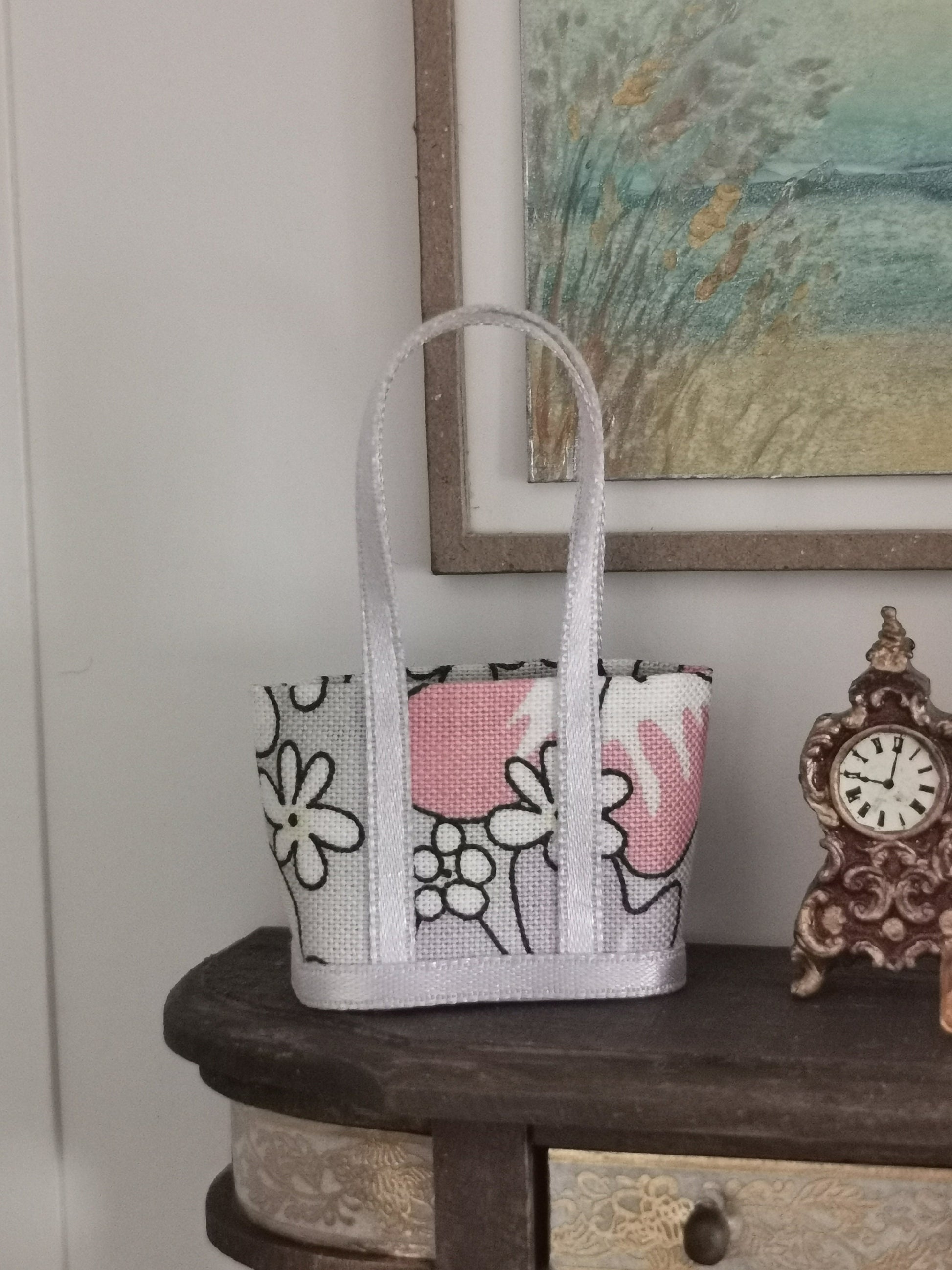 Coral/Grey/Lavender Floral Fabric Tote Bag | 1:12th Scale | Handmade - ZJ Miniatures 