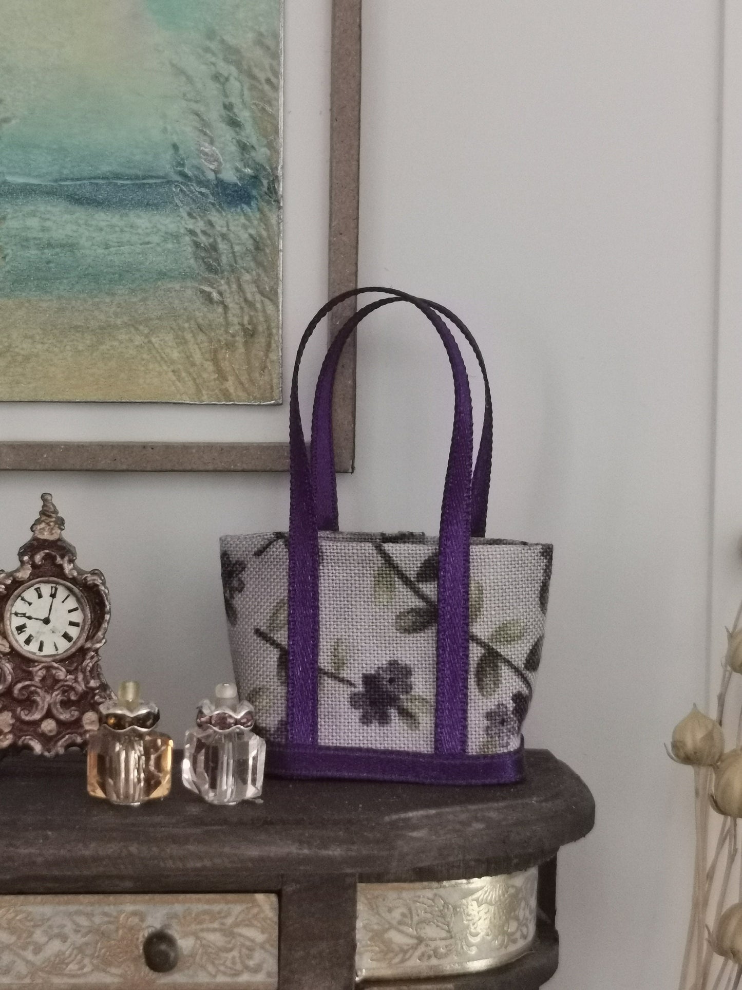 Purple Floral Fabric Tote Bag | 1:12th Scale | Handmade - ZJ Miniatures 