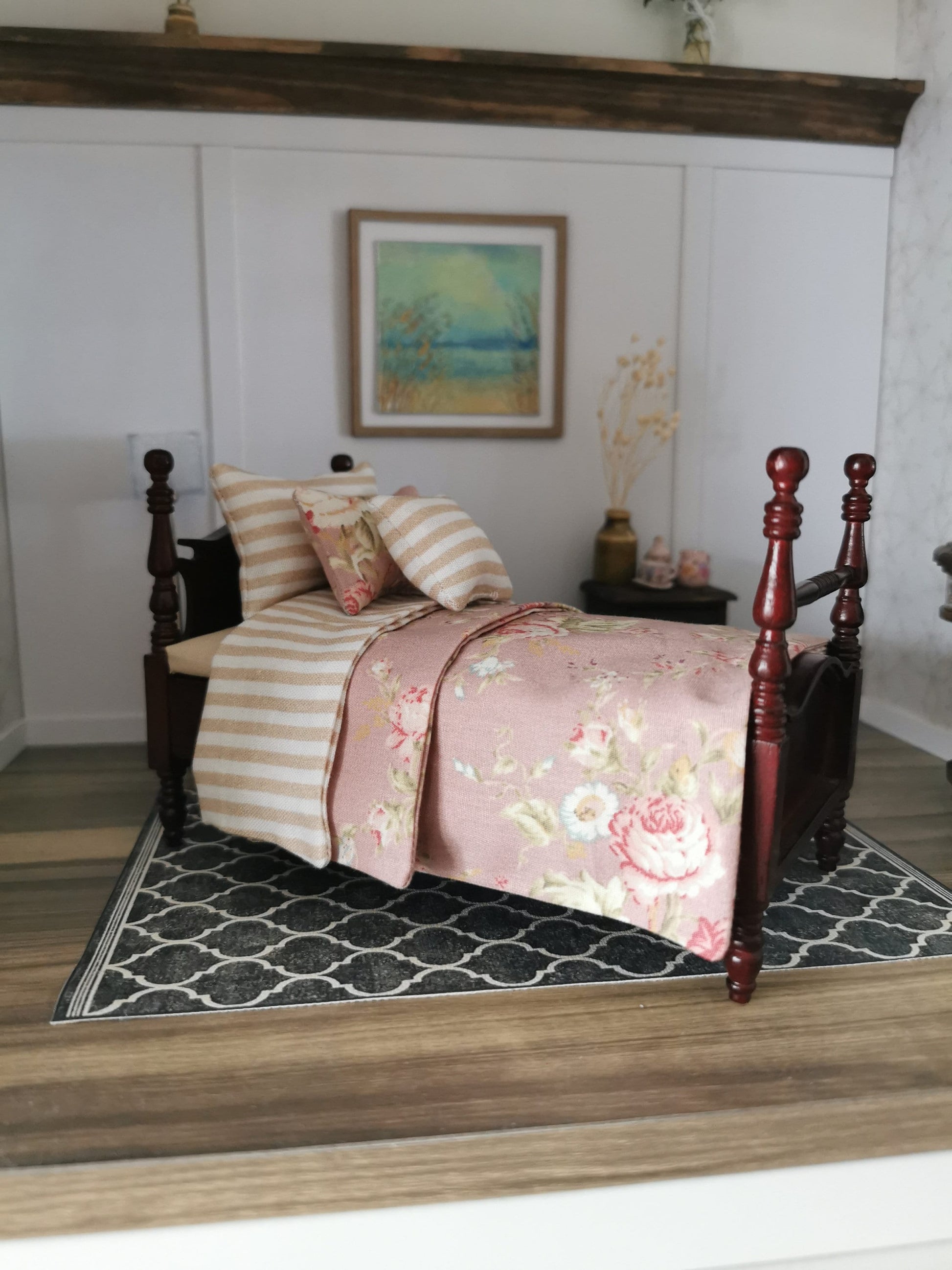 Pink/Cream Floral Print Single Dressed Bed | 1:12th Scale | Hand Finished - ZJ Miniatures 