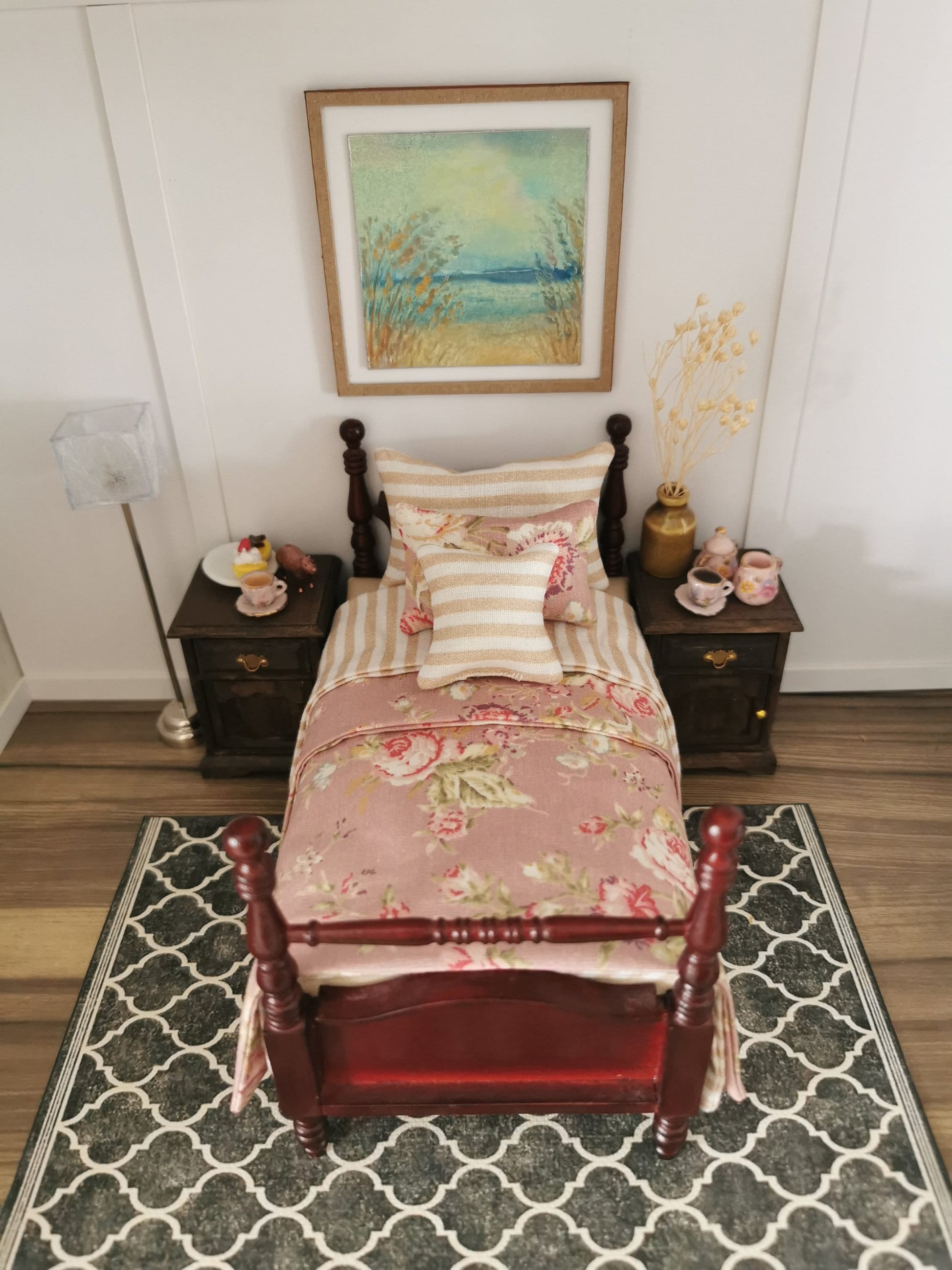 Pink/Cream Floral Print Single Dressed Bed | 1:12th Scale | Hand Finished - ZJ Miniatures 