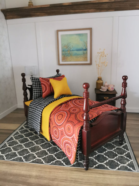 Black/ Yellow/ Red Retro Print Single Dressed Bed   | 1:12th Scale | Hand Finished - ZJ Miniatures 