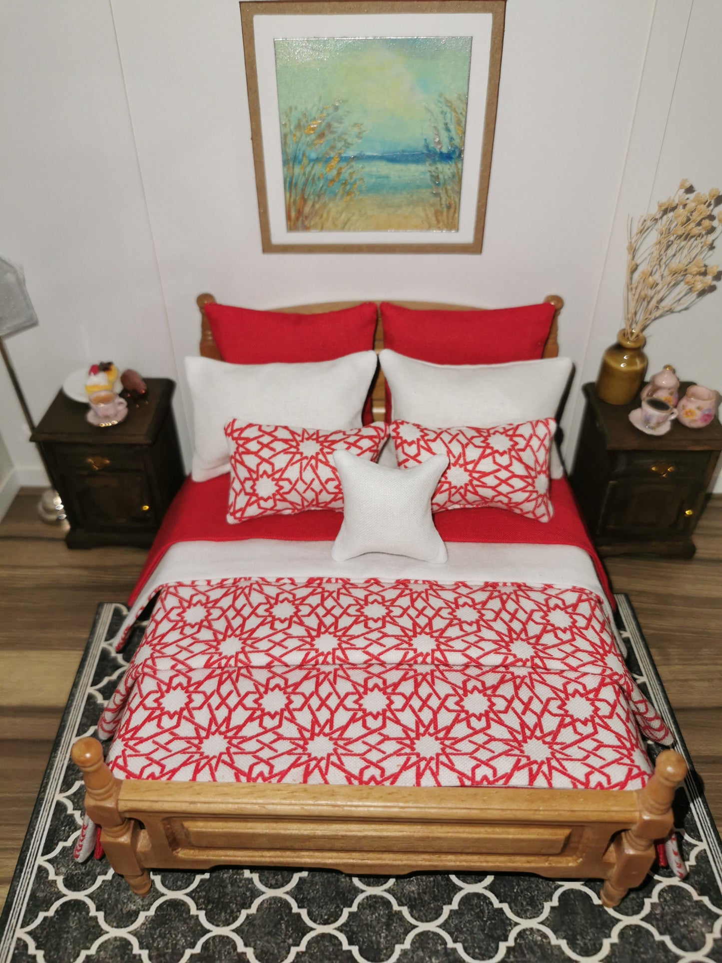 Bed Linen Set in Red/White Geo Print | 1:12th Scale | Set of 9 | Handmade - ZJ Miniatures 