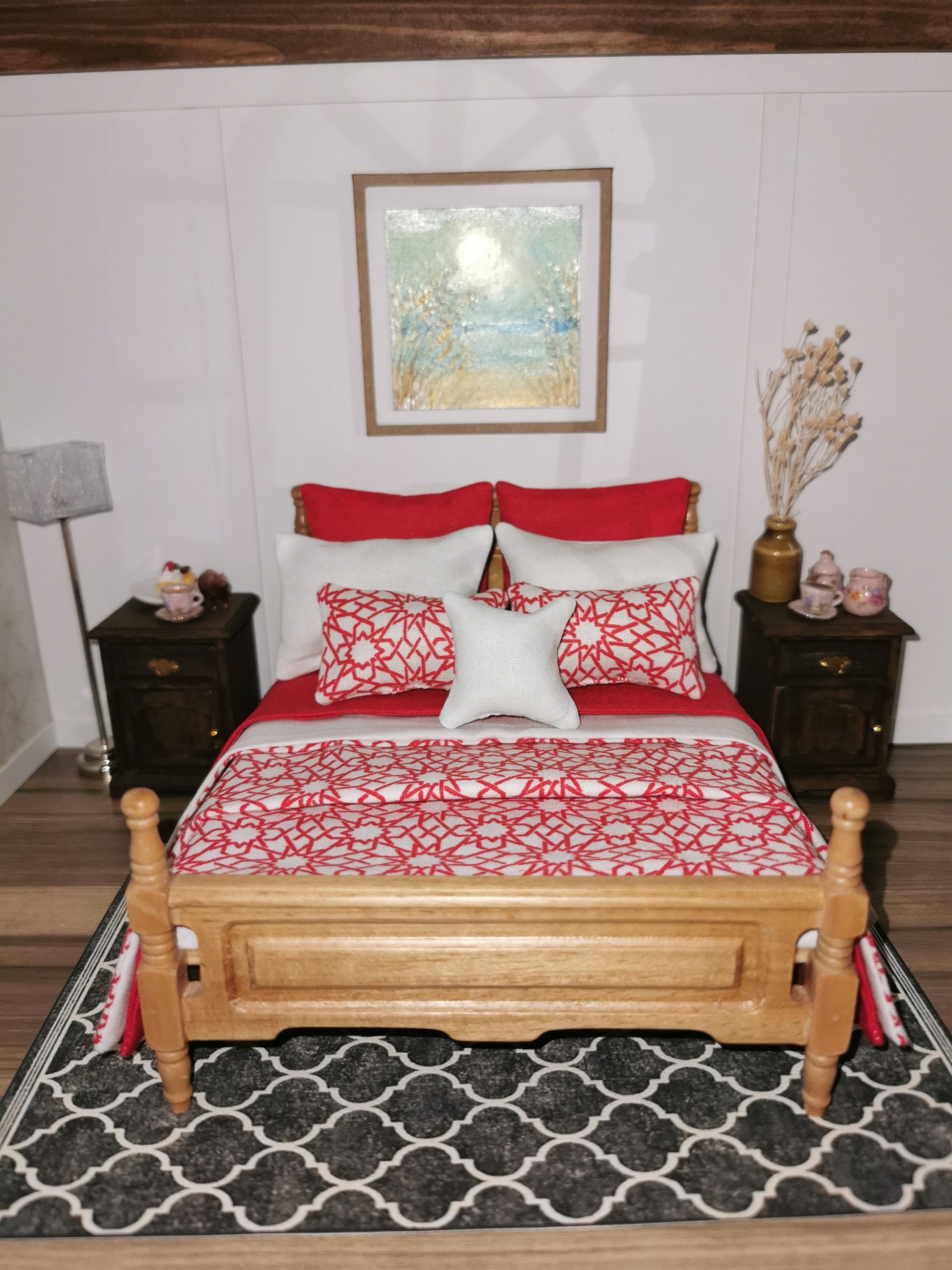 Bed Linen Set in Red/White Geo Print | 1:12th Scale | Set of 9 | Handmade - ZJ Miniatures 