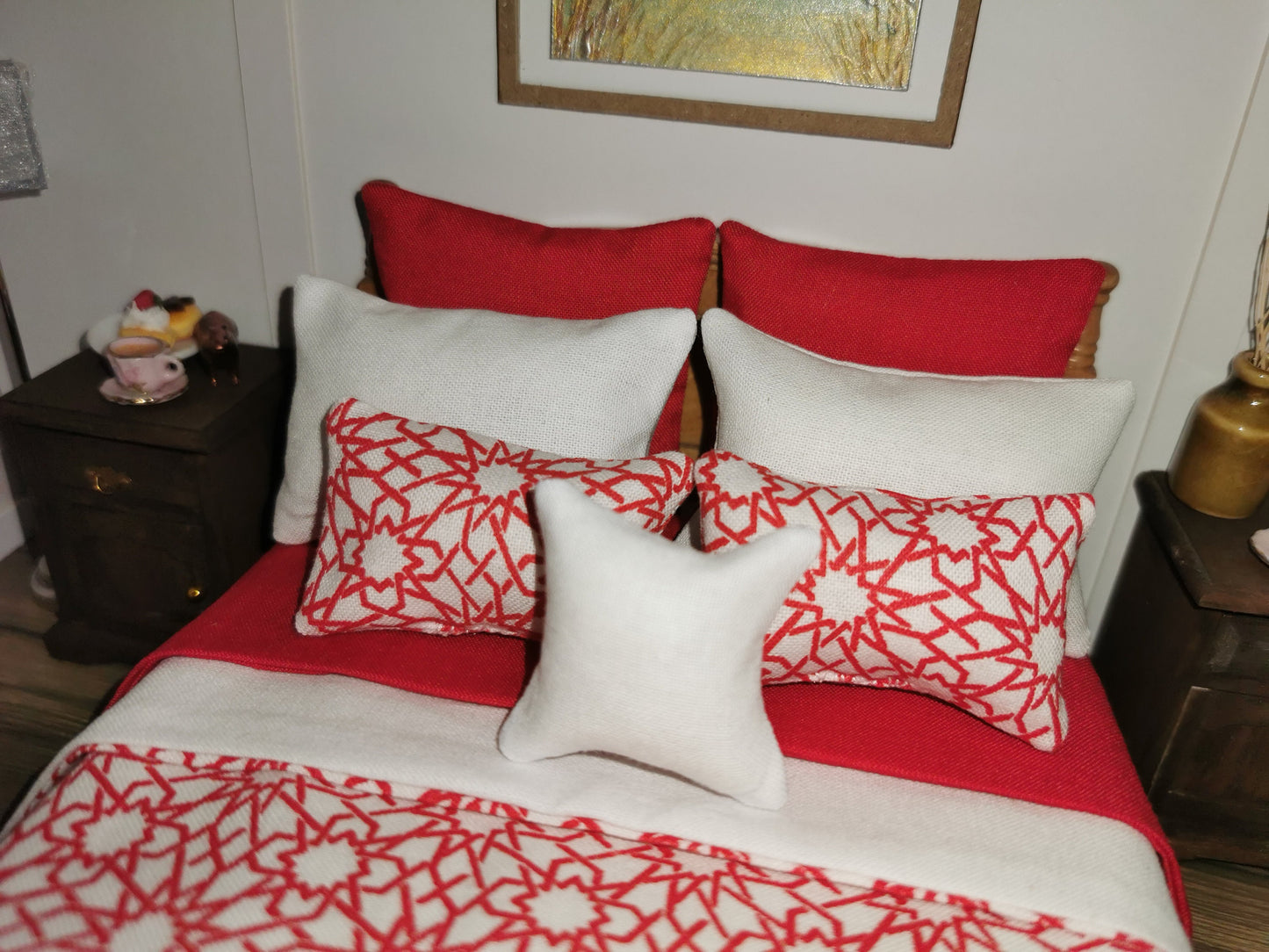 Bed Linen Set in Red/White Geo Print | 1:12th Scale | Set of 9 | Handmade - ZJ Miniatures 