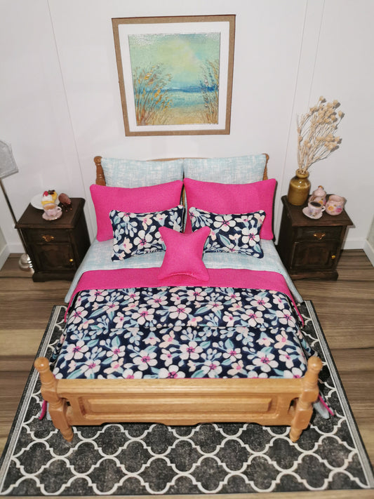 Bed Linen Set in Navy/Cerise/Cyan Floral Print | 1:12th Scale | Set of 9 | Handmade - ZJ Miniatures 