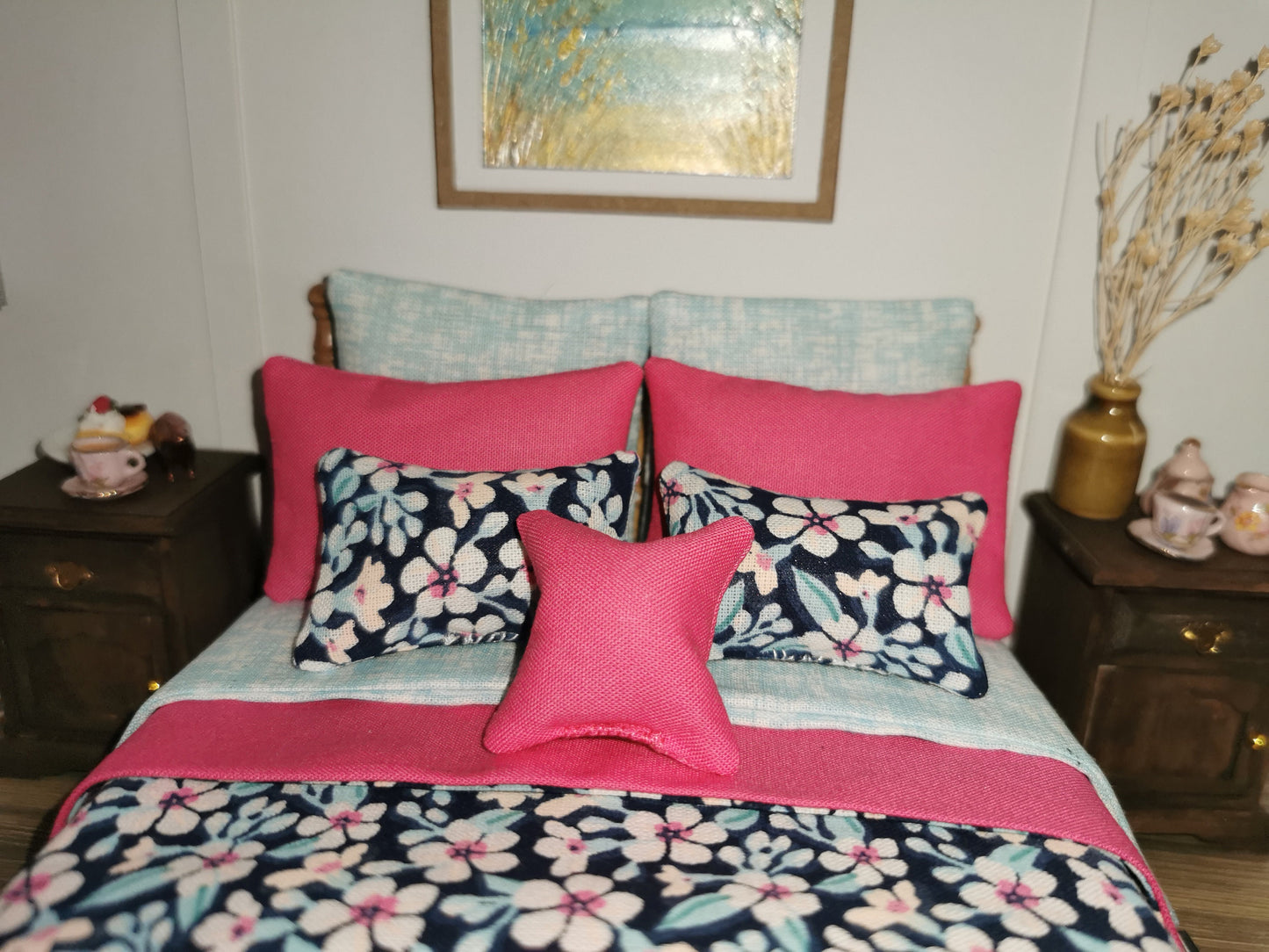 Bed Linen Set in Navy/Cerise/Cyan Floral Print | 1:12th Scale | Set of 9 | Handmade - ZJ Miniatures 