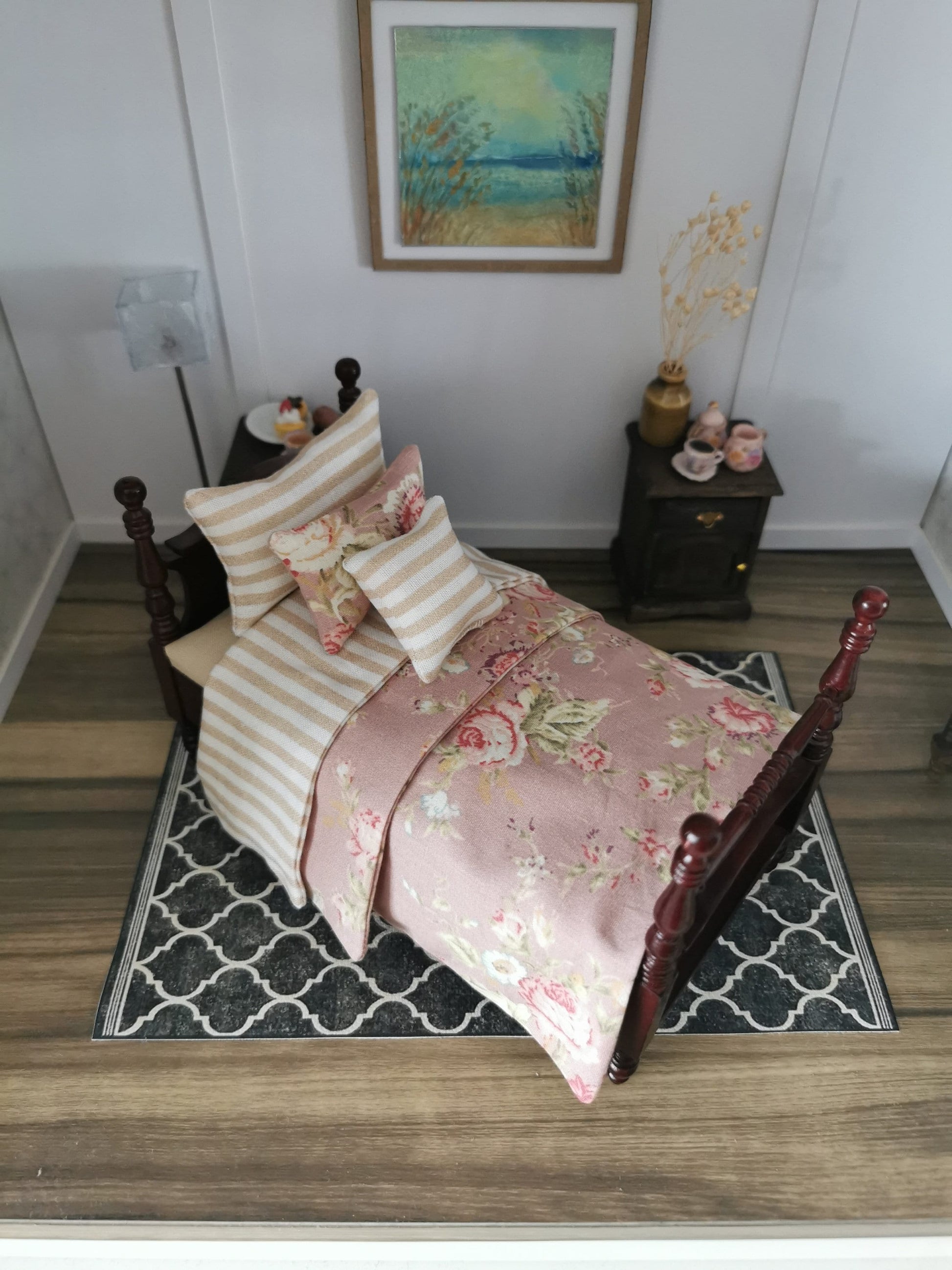 Pink/Cream Floral Print Single Dressed Bed | 1:12th Scale | Hand Finished - ZJ Miniatures 