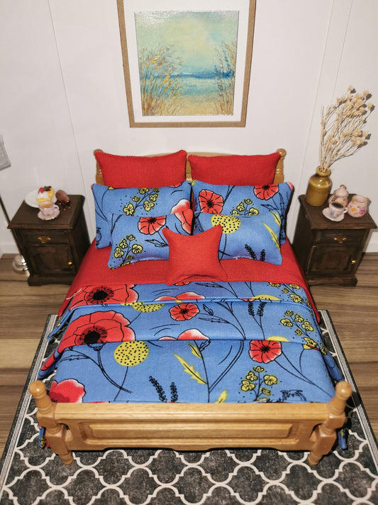 Bed Linen Set in Blue/Red Poppy Print | 1:12th Scale | Set of 9 | Handmade - ZJ Miniatures 