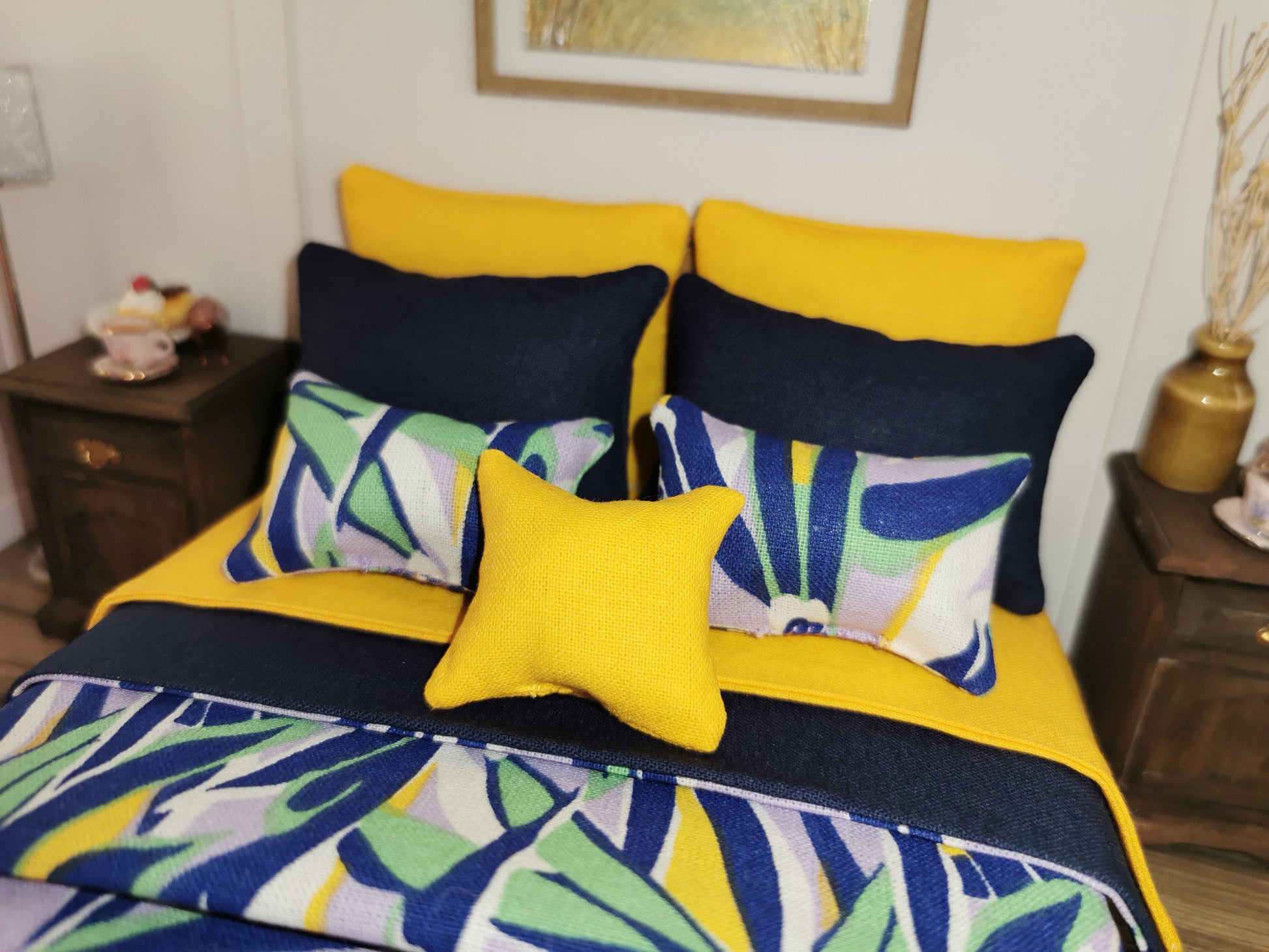 Bed Linen Set in Navy/Yellow/Lilac Abstract Print | 1:12th Scale | Set of 9 | Handmade - ZJ Miniatures 