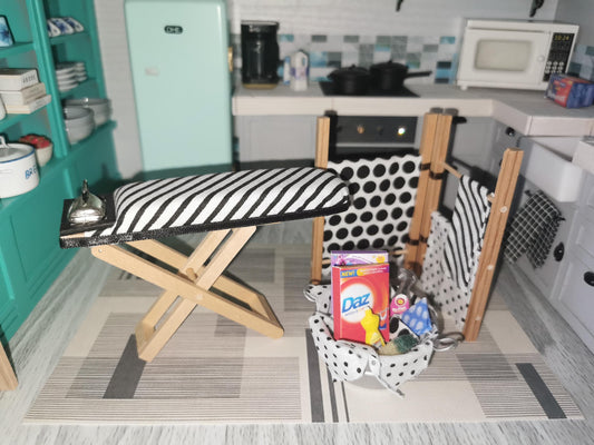 Dolls House Laundry Set in Black & White Patterned Fabric | 1:12th Scale | Hand Finished