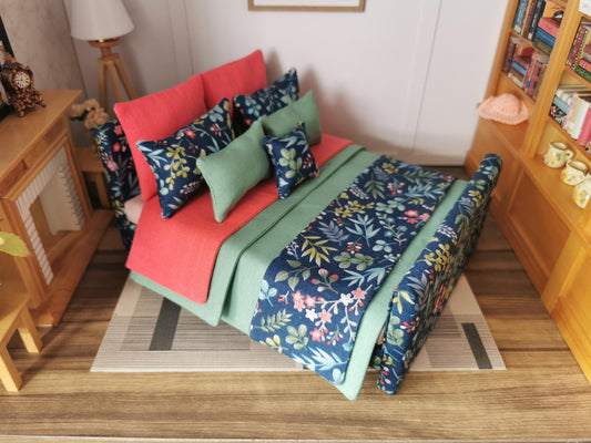 Dolls House Double Bed in Green, Coral & Navy Floral Print | 1:12th Scale | Handmade