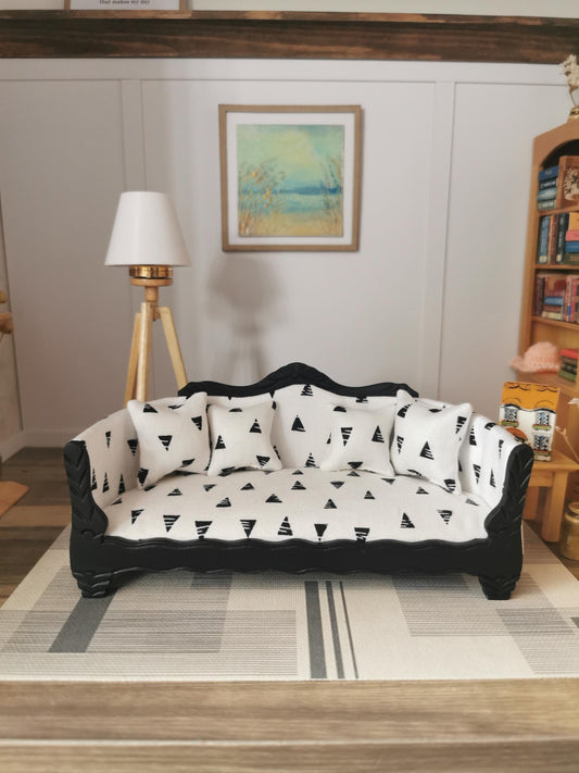 Dolls House Sofa in White/Black Triangle Print Fabric | 1:12th Scale | Hand Finished