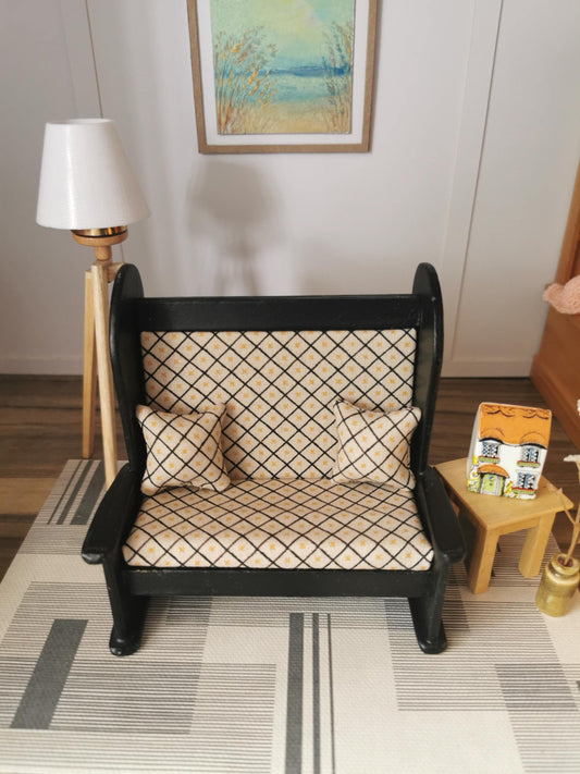 Dolls House Bench in Black and Gold Geo Print Fabric | 1:12th Scale | Hand Finished