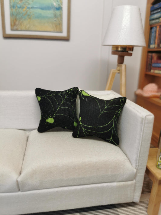 Black/Lime Green Spider Web Print Cushion Set of 2 | 1:12th Scale | Handmade