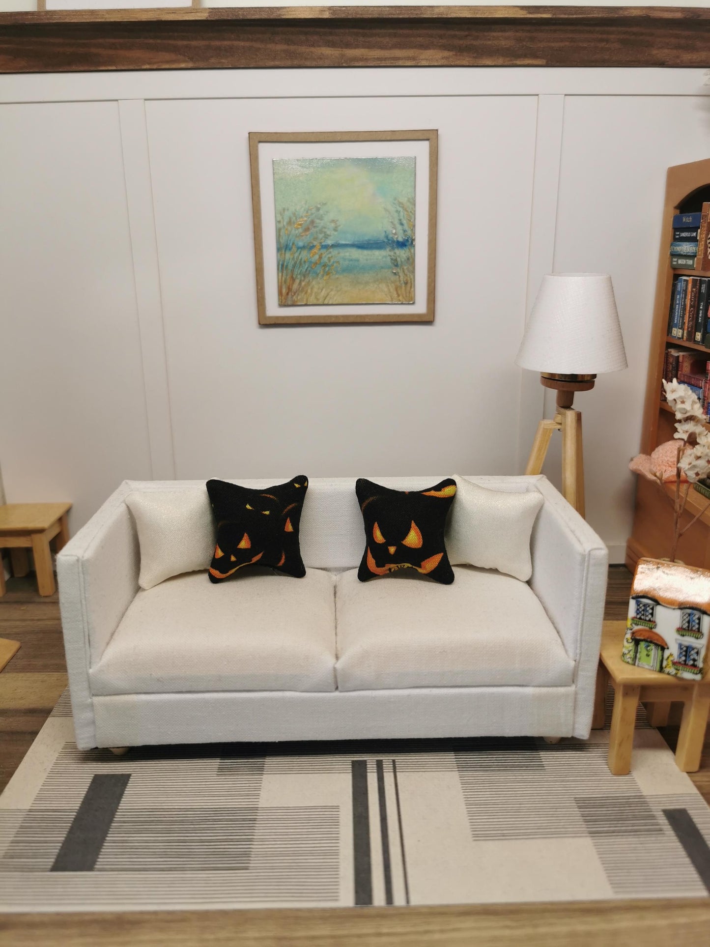 Black/Orange Pumpkin Print Cushion Set of 2 | 1:12th Scale | Handmade