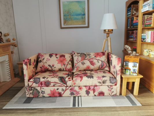Dolls House 2 Seater Sofa in Stone, Pink and Green Floral Print | 1:12th Scale | Handmade