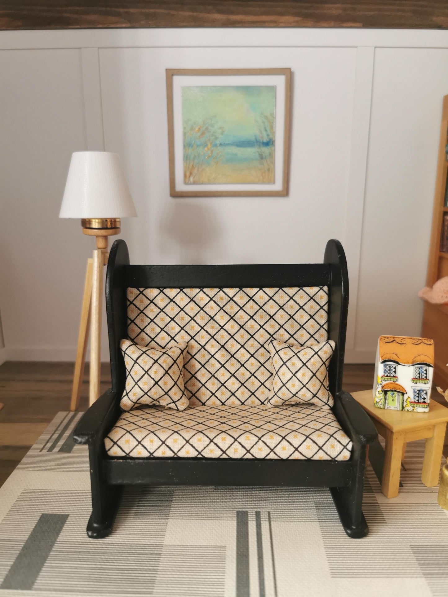 Dolls House Bench in Black and Gold Geo Print Fabric | 1:12th Scale | Hand Finished