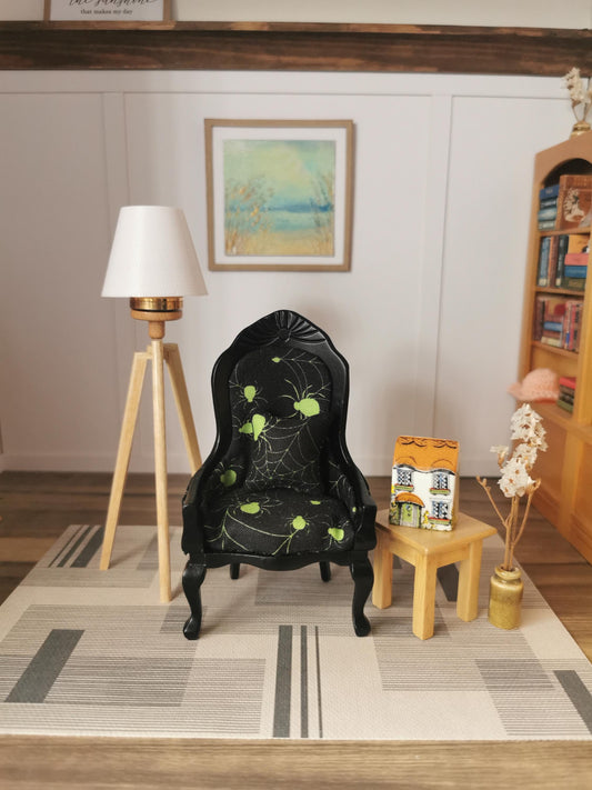 Dolls House Chair in Black and Lime Spider Web Print Fabric | 1:12th Scale | Hand Finished