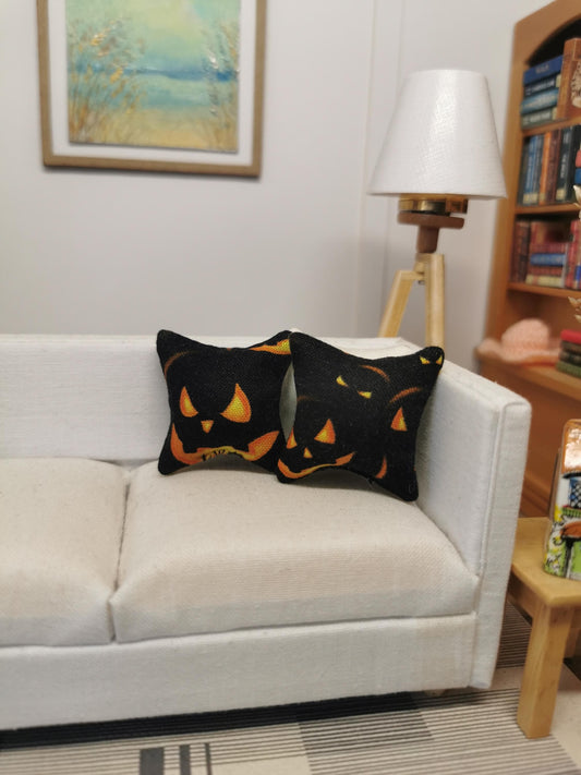 Black/Orange Pumpkin Print Cushion Set of 2 | 1:12th Scale | Handmade