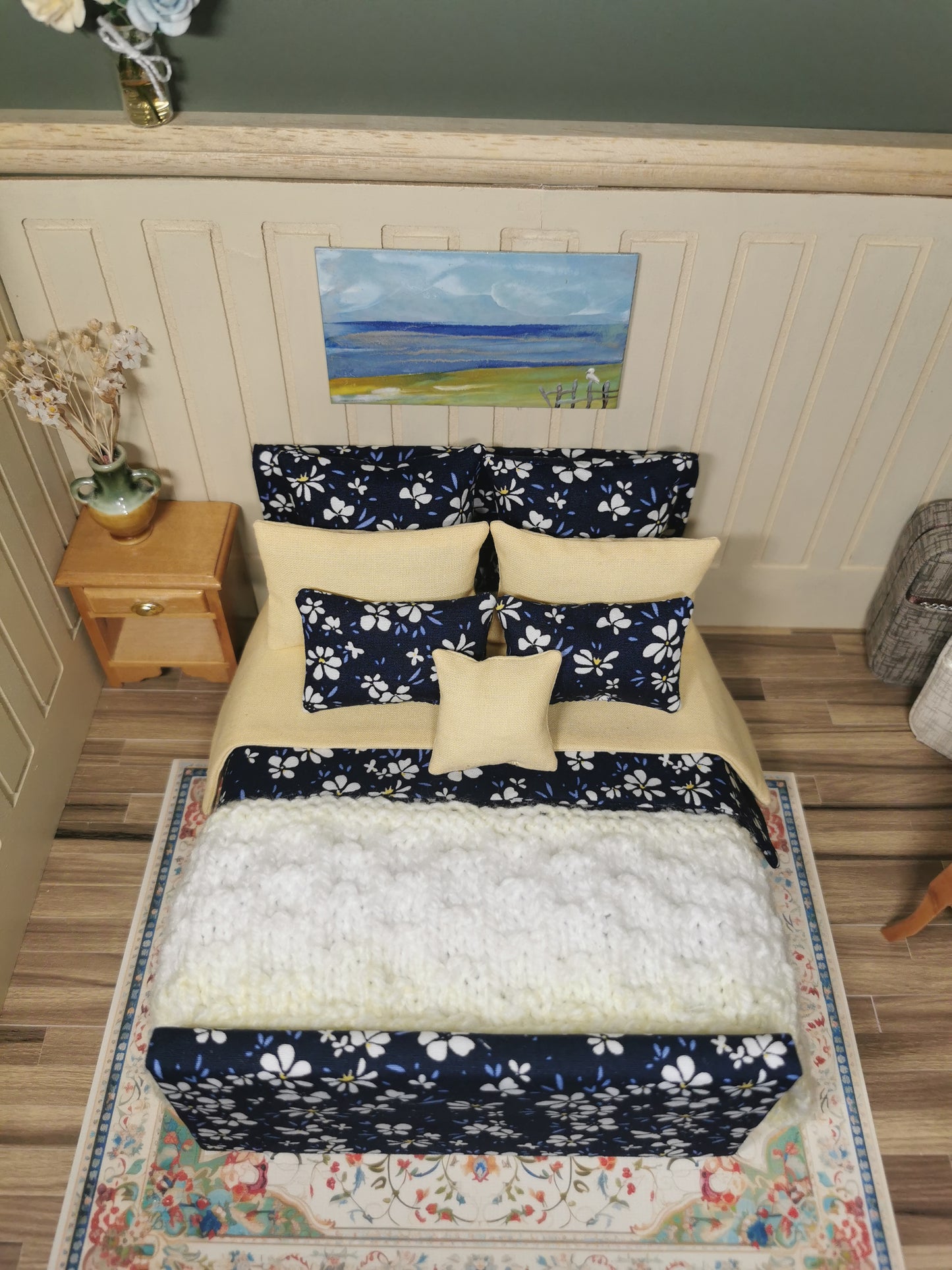 Double Bed in Navy & Lemon Floral Print | 1:12th Scale | Handmade