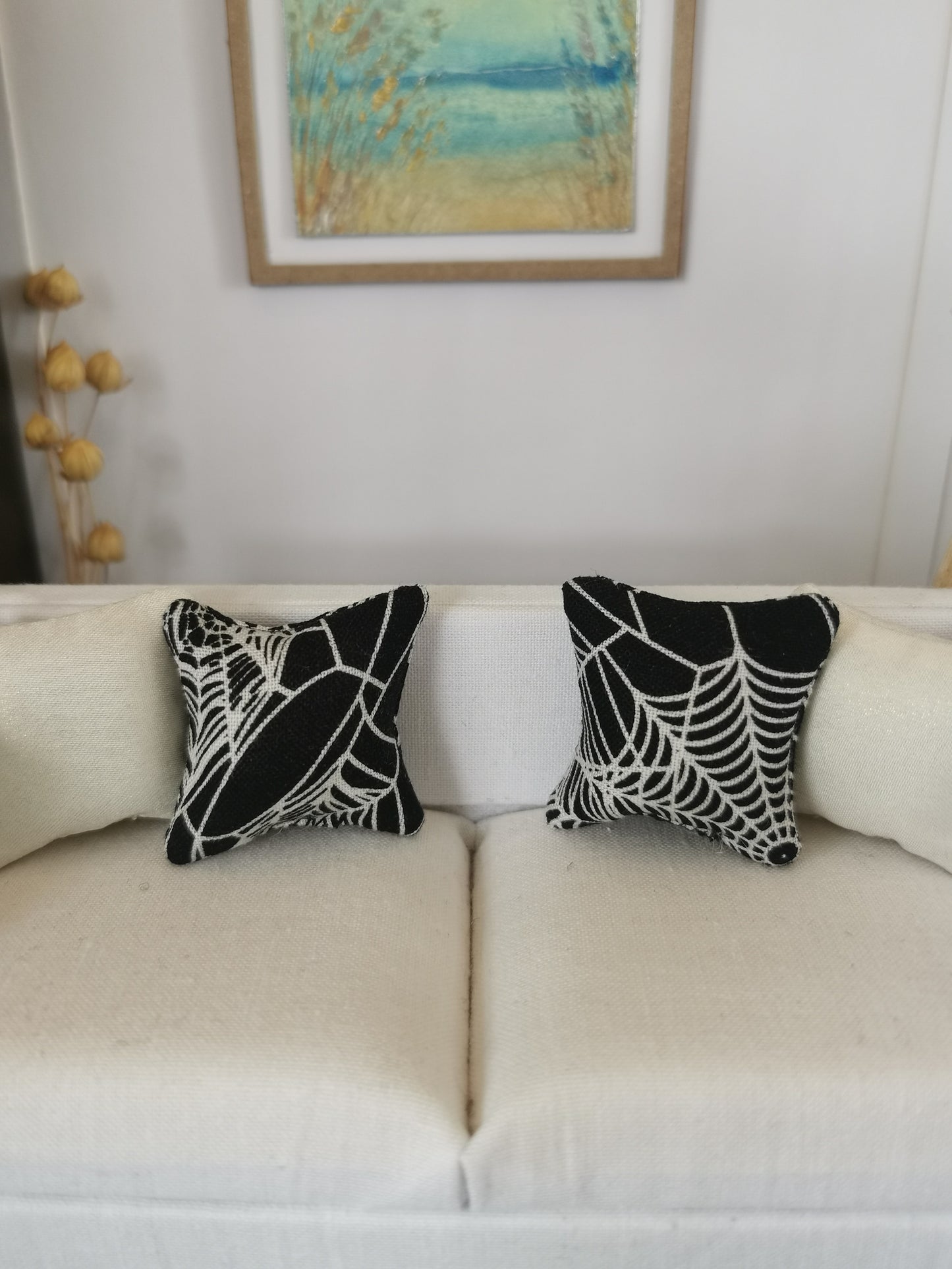 Black/White Spider Web Print Cushion | 1:12th Scale | Handmade