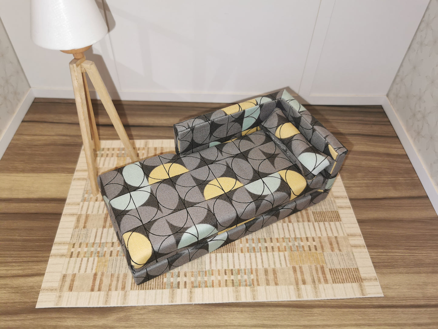 Grey Geo Print Chaise Longue | 1:12th Scale | Handmade