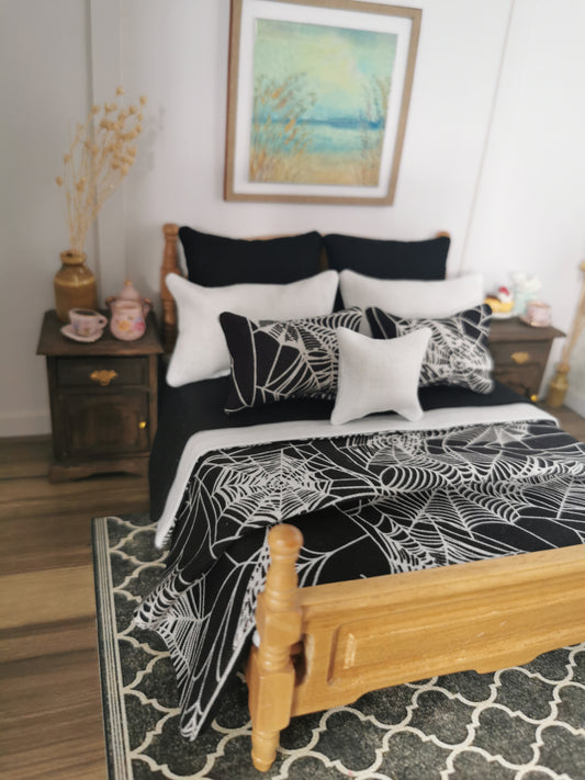Black/White Spider Web Halloween Print Bed Linen Set | Set of 9 | 1:12th Scale | Handmade