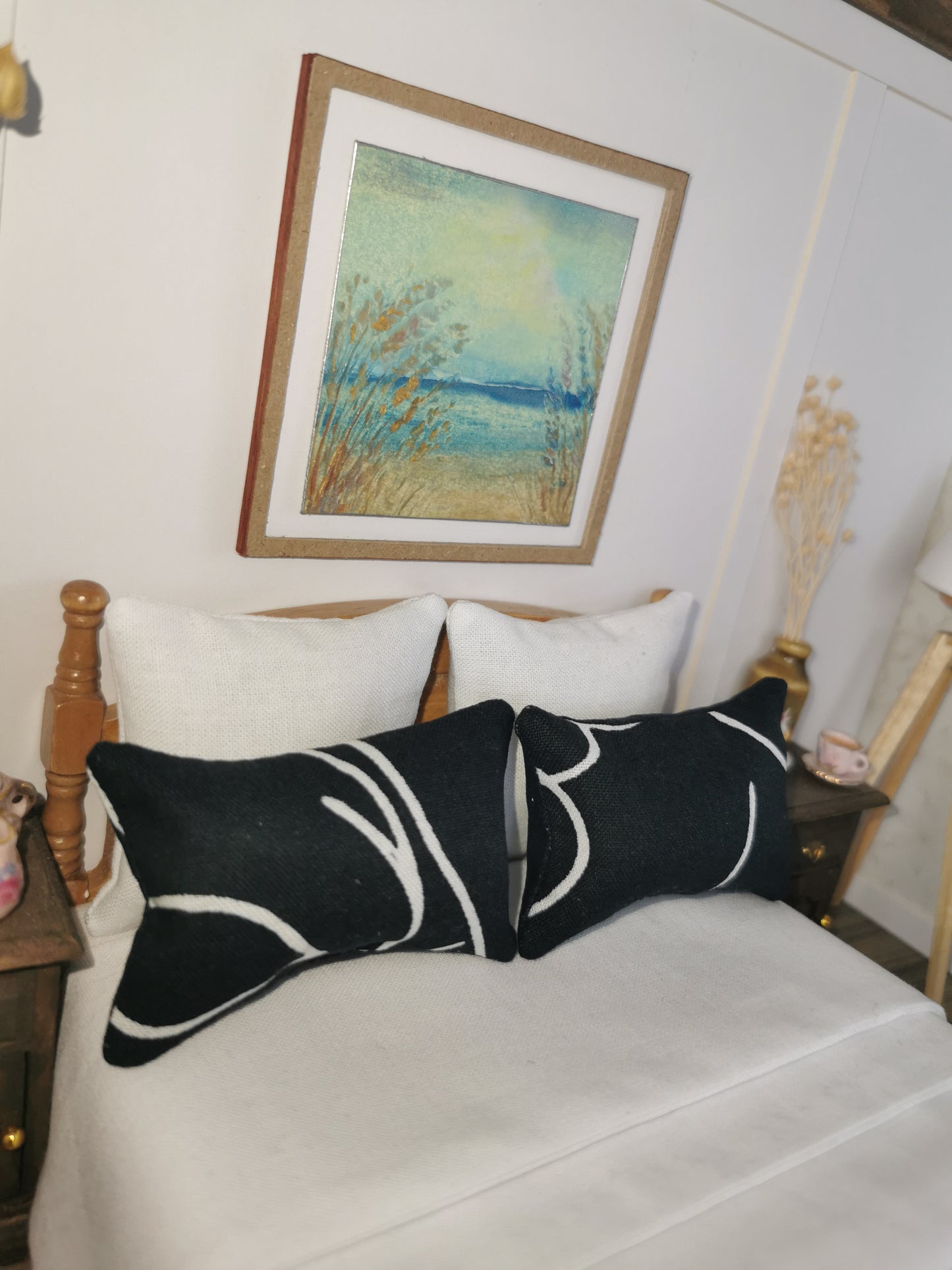 Black/White Abstract Print Pillows | Set of 2 | 1:12th Scale | Handmade