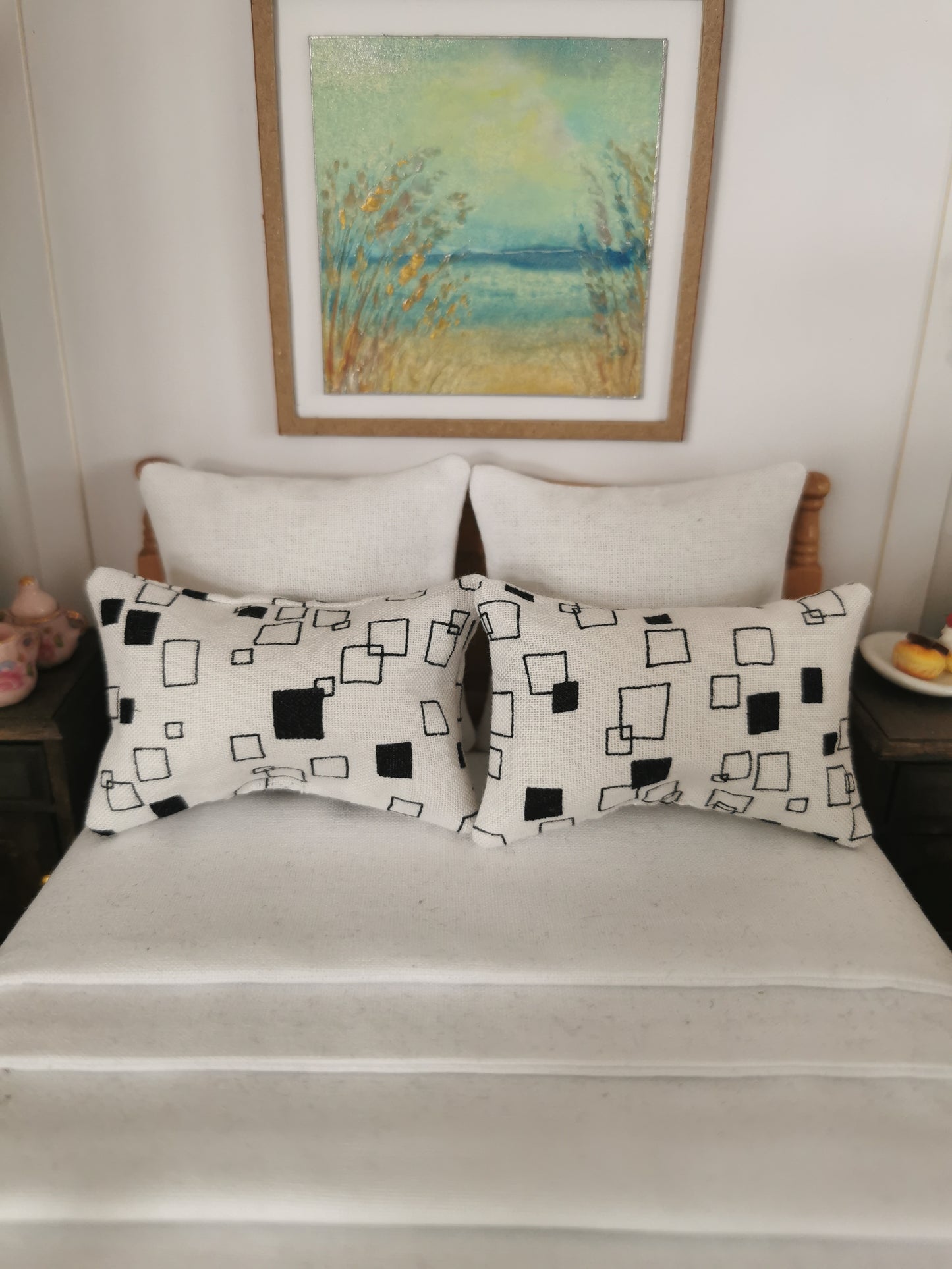 White/Black Cube Print Pillows | Set of 2 | 1:12th Scale | Handmade