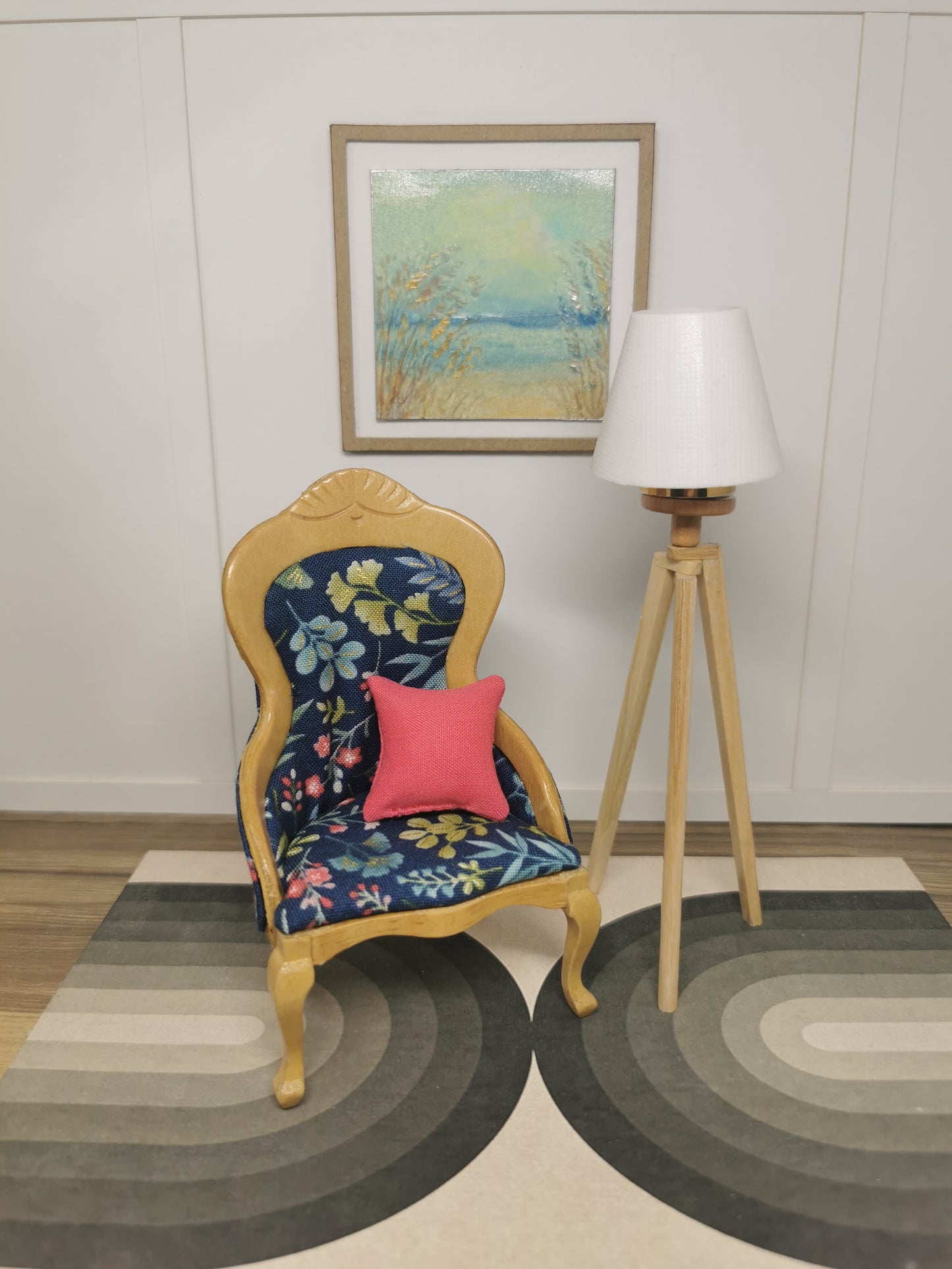 Chair in Light Wood & Navy Floral Print Fabric | 1:12th Scale | Hand Finished