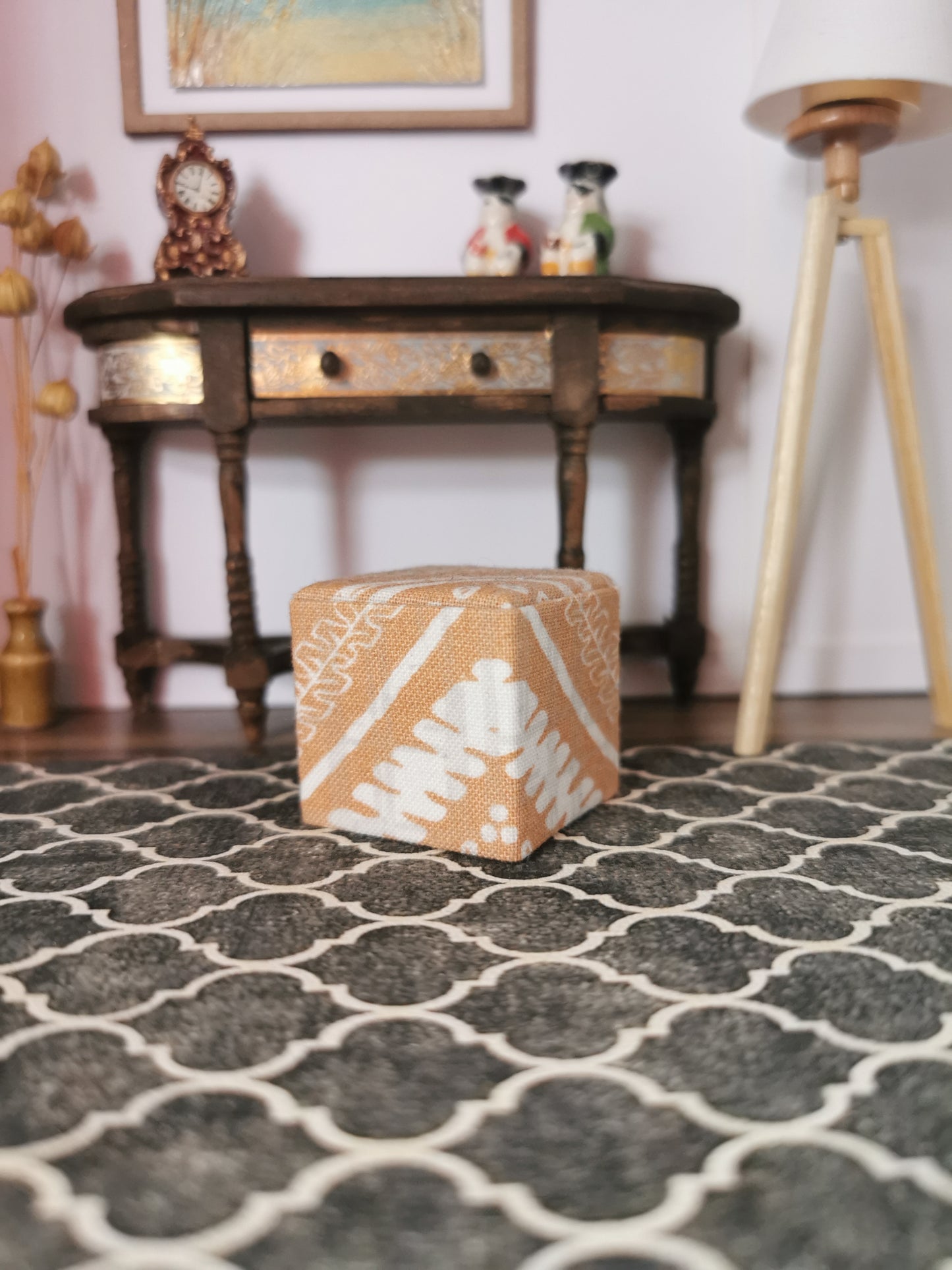 Terracotta Geo Print Cube Foot Stool | 1:12th Scale | Hand Finished