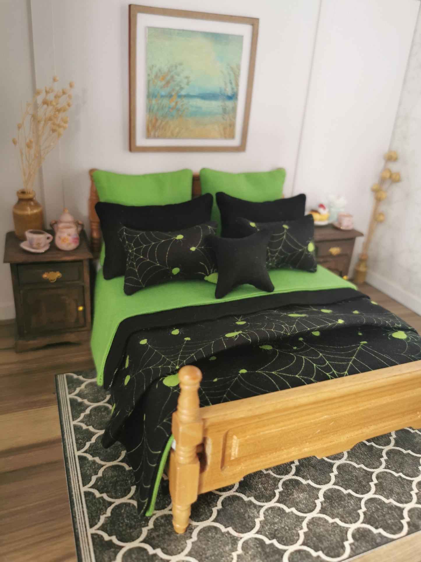 Black/Lime Green Spider Web Halloween Print Bed Linen Set | Set of 9 | 1:12th Scale | Handmade