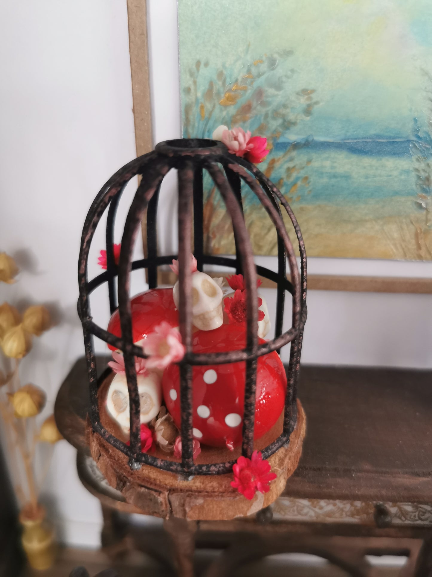 Spooky Birdcage with Mushrooms & Skulls | 1:12th Scale | Handmade & Hand Finished