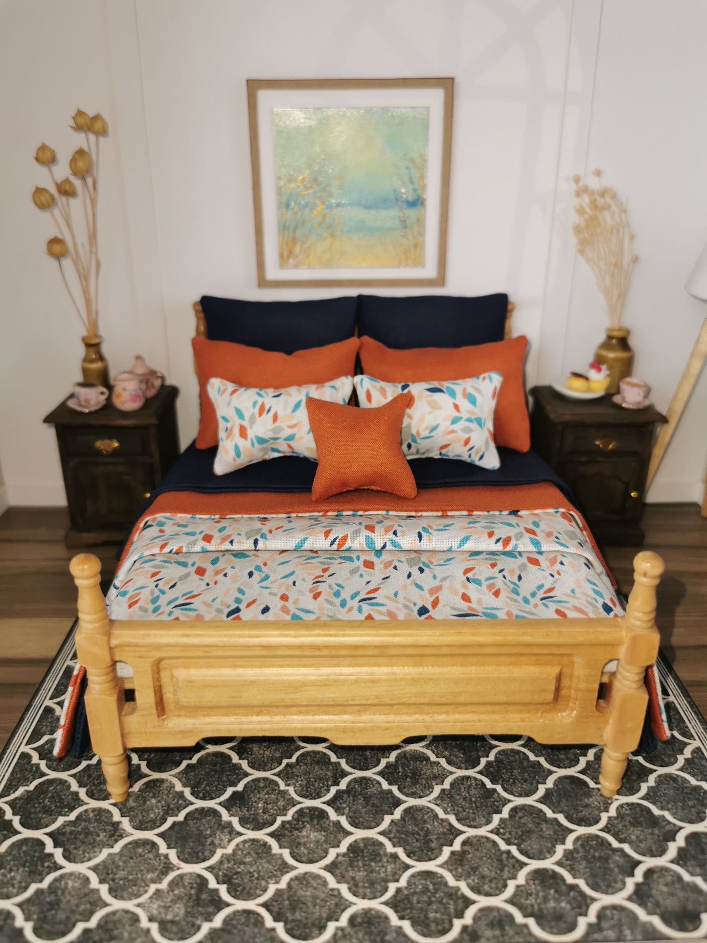 Navy/Rust/White Terrazzo Print Bed Linen | 1:12th Scale | Set of 9 | Handmade