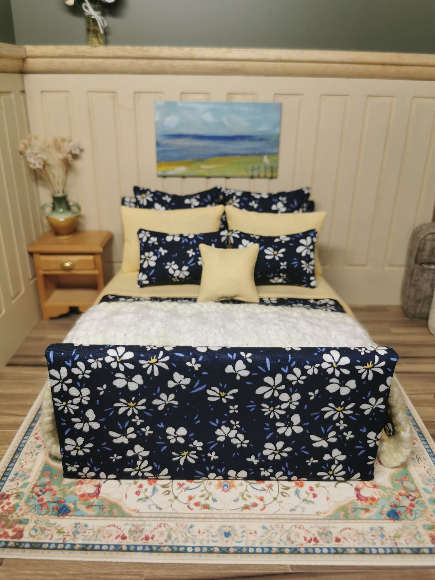 Double Bed in Navy & Lemon Floral Print | 1:12th Scale | Handmade