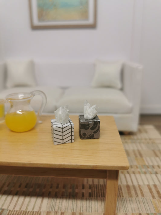 White Chevron & Grey Flourish Tissue Boxes	| Set of 2 | 1:12th Scale | Handmade