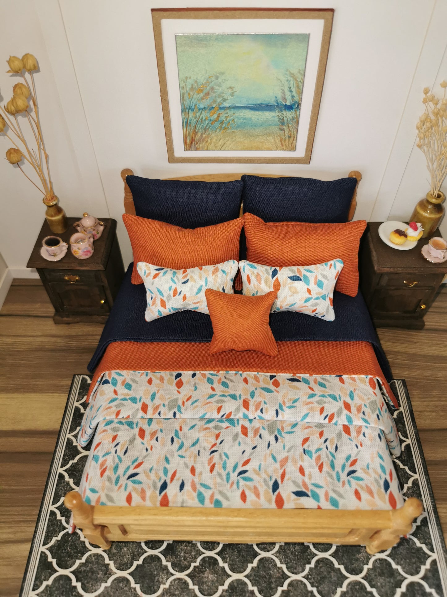 Navy/Rust/White Terrazzo Print Bed Linen | 1:12th Scale | Set of 9 | Handmade