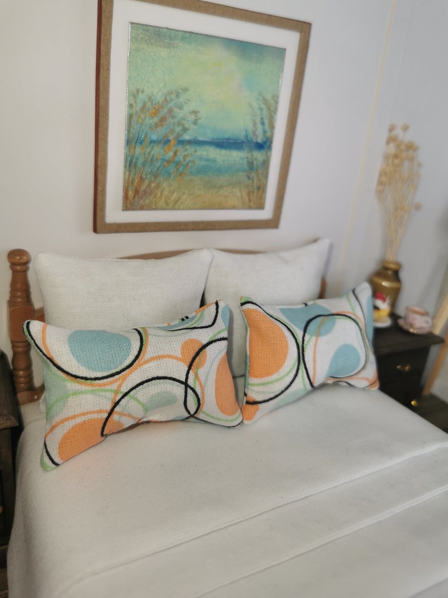 White/Aqua/Peach Retro Print Pillows | Set of 2 | 1:12th Scale | Handmade