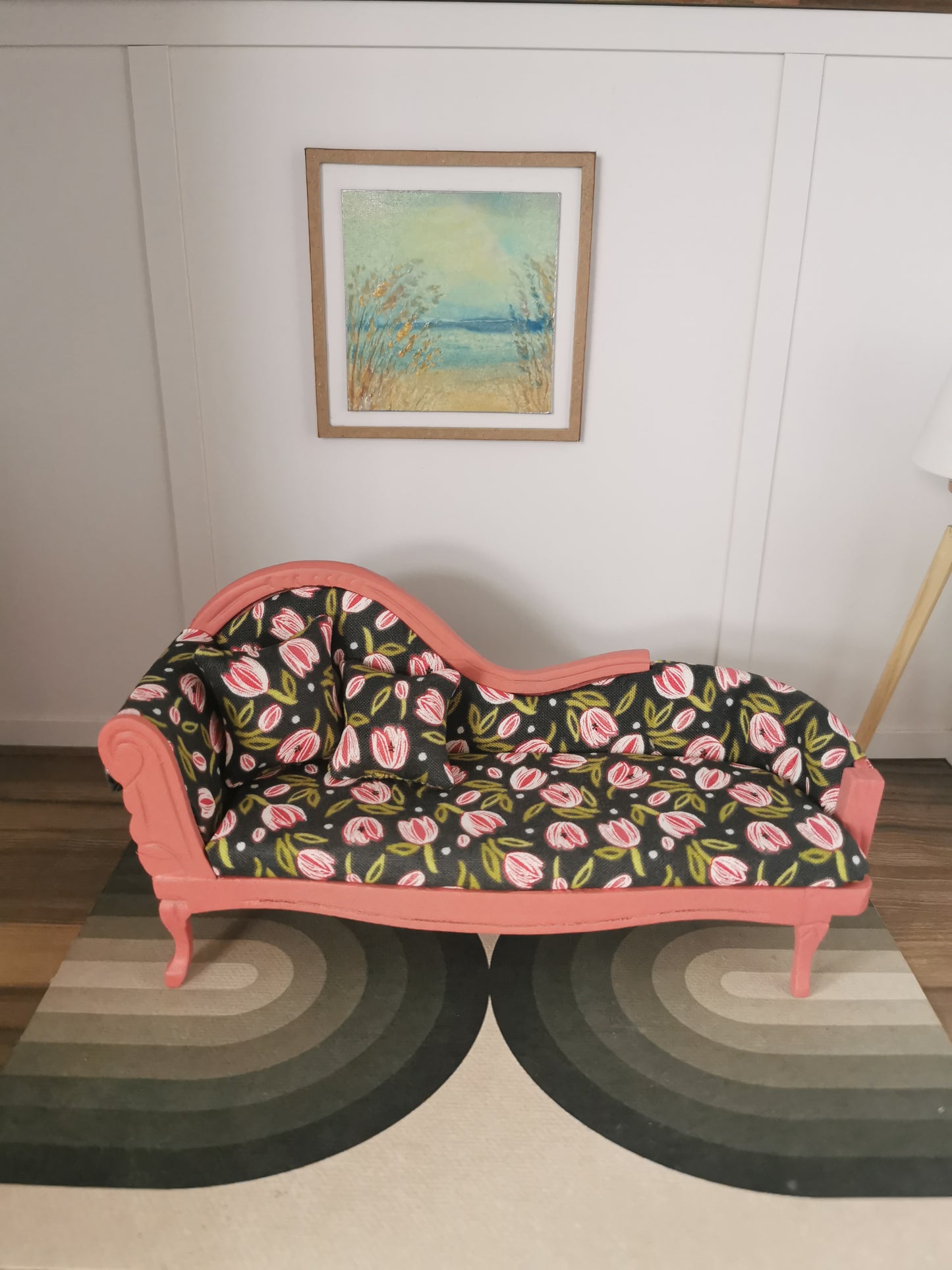 Chaise Longue in Pink & Navy Tulip Print Fabric | 1:12th Scale | Hand Finished