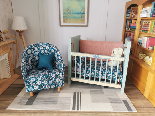 Baby Cot & Tub Chair Set in Petrol Blue Floral Print | 1:12th Scale | Handmade & Hand Finished