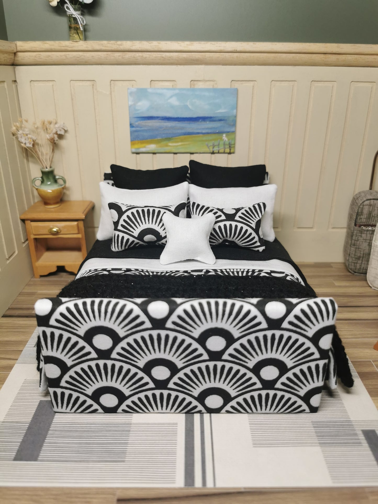 Double Bed in Black & White Fan Print | 1:12th Scale | Handmade