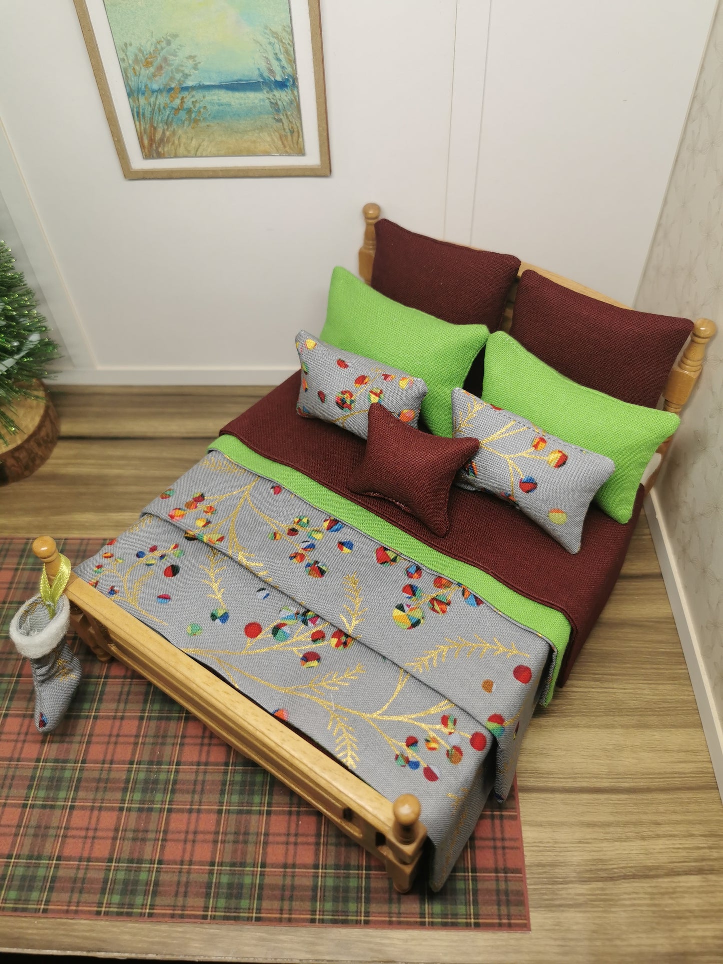 Grey Bauble Christmas Double Bed Linen Set | 1:12th Scale | Handmade